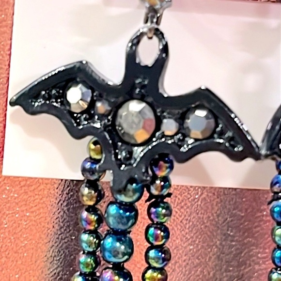 Brand New Betsey Johnson Halloween Bats Rainbow Oil Slick Beads Drop Earrings - Picture 9 of 16
